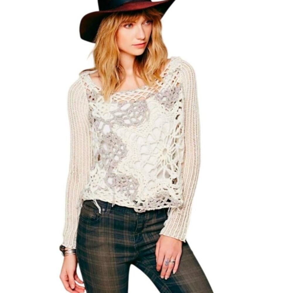 Free People Y2K Open Crochet Cream Gray Sweater M Boho Rib Mixed Knit Grunge
